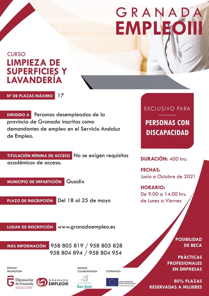Cartel curso formación "Limpieza de superficies y lavandería" Asociación San José (Guadix)